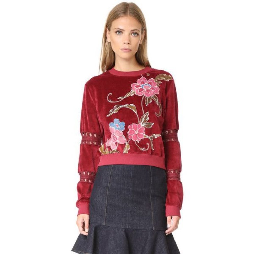 See By Chloe Red Velour Embroidered Shirt Size S